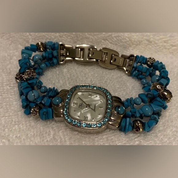 #J921 - VTG Suzanne Somers Turquoise, Aqua Crystals & Silver-tone Ladies Watch - Picture 10 of 13
